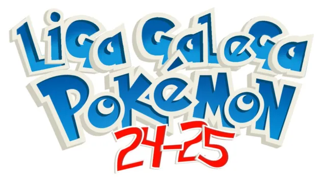 Cartaz coa tipografía típica de Pokémon na que se lee "Liga Galega Pokémon" en letras azuis e "24-25" debaixo en letras vermellas.
